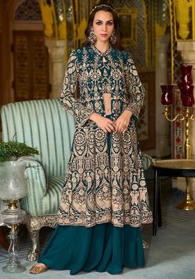 Teal Embroidery Georgette Jacket Set