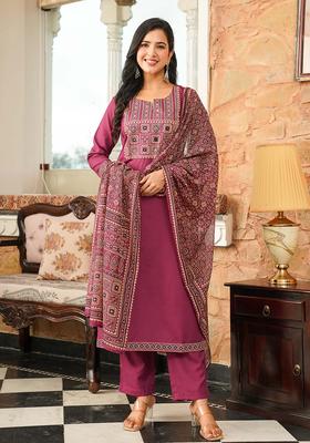 Purple Printed Rayon Kurta Set