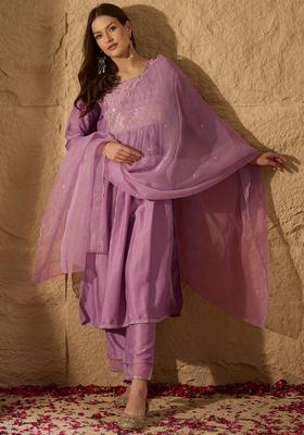 Lavender Embroidery Silk Kurta Set