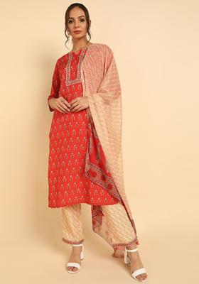 Vermilion Red Printed Polyester Kurta Set