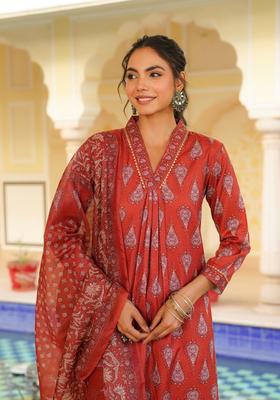 Rust Floral Print Rayon Kurta Set