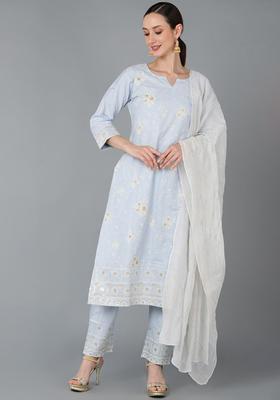 Blue Embroidery Cotton Kurta Set