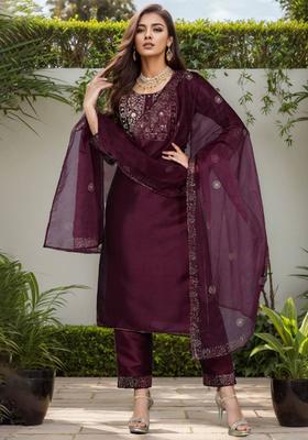 Wine Embroidery Silk Kurta Set