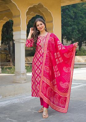 Pink Printed Viscose Kurta Set