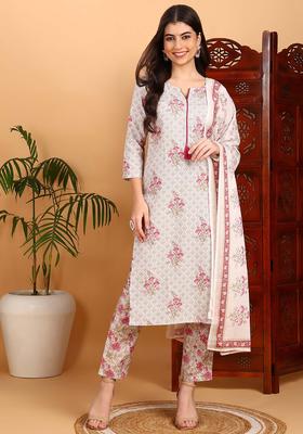 Off White Floral Print Rayon Salwar Suit Set
