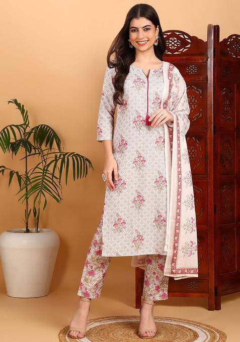 Off White Floral Print Rayon Salwar Suit Set — view on Indya