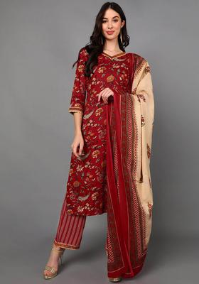 Red Floral Print Cotton Kurta Set