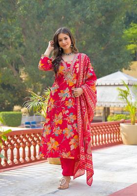 Red Floral Print Viscose Kurta Set
