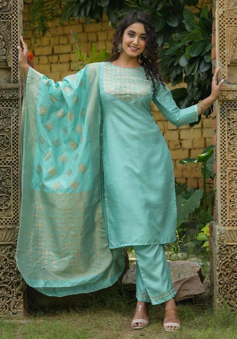 Sea Green Self Design Silk Kurta Set — view on Indya