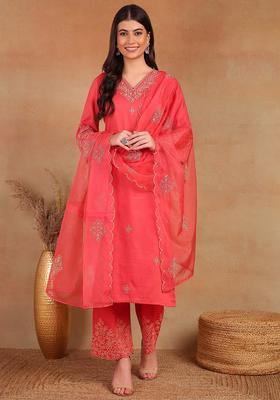 Pink Embroidery Silk Salwar Suit Set