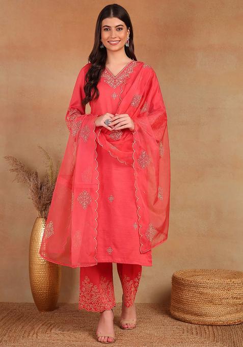 Pink Embroidery Silk Salwar Suit Set — view on Indya