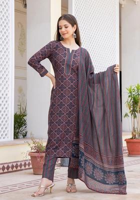 Blue Floral Print Blended Kurta Set