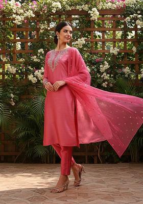 Pink Embroidery Silk Kurta Set