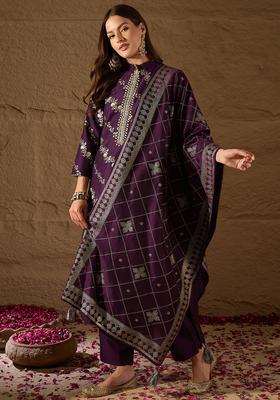 Purple Floral Print Silk Kurta Set