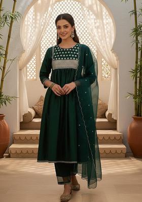Teal Embroidery Silk Kurta Set