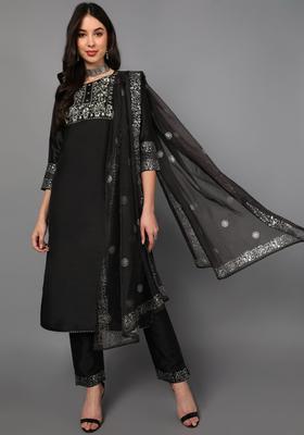 Black Embroidery Silk Kurta Set