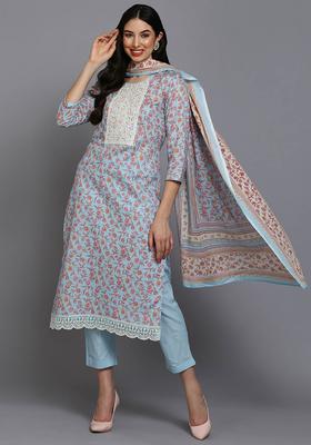 Blue Floral Print Blended Kurta Set