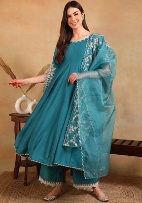 Blue Embroidery Blended Anarkali Set