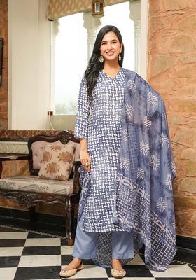 Blue Printed Rayon Kurta Set