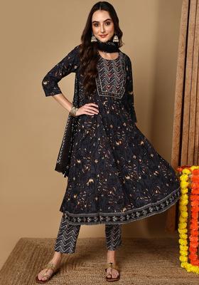 Charcoal Black Printed Cotton Kurta Set