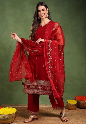 Red Embroidery Silk Palazzo Set
