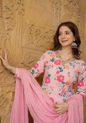 Pink Floral Print Rayon Kurta Set