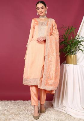 Peach Embroidery Silk Kurta Set