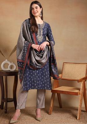 Navy Blue Floral Print Silk Salwar Suit Set