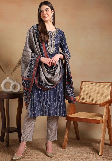 Navy Blue Floral Print Silk Salwar Suit Set — view on Indya