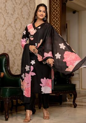 Black Floral Print Rayon Kurta Set
