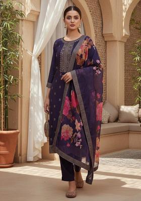 Purple Printed Silk Kurta Set
