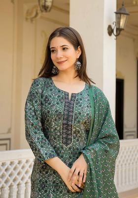 Green Printed Blended Salwar Suit Set