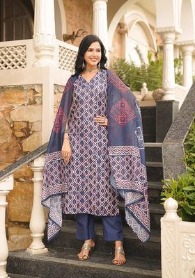 Blue Printed Rayon Kurta Set