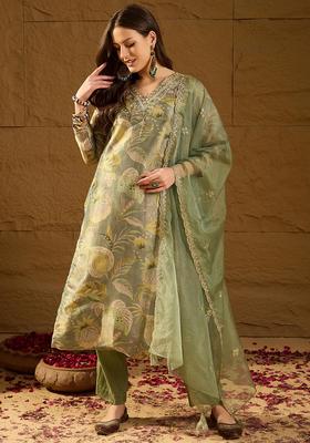 Green Floral Print Silk Kurta Set