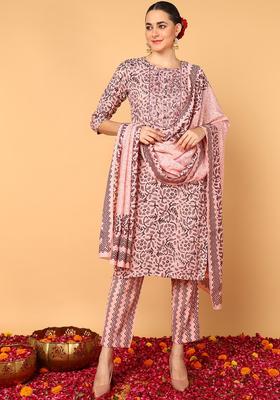 Pink Floral Print Silk Kurta Set