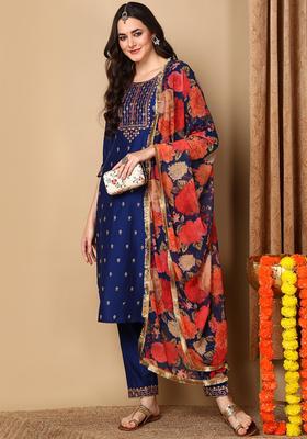 Navy Blue Floral Print Blended Kurta Set