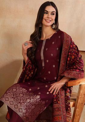 Burgundy Woven Silk Blend Kurta Set