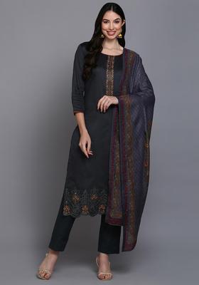 Black Printed Cotton Kurta Set