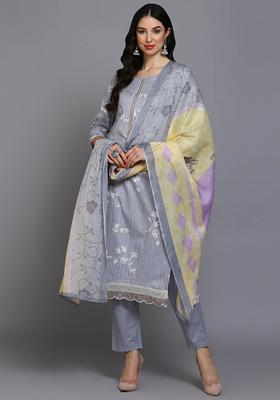 Grey Floral Print Blended Kurta Set