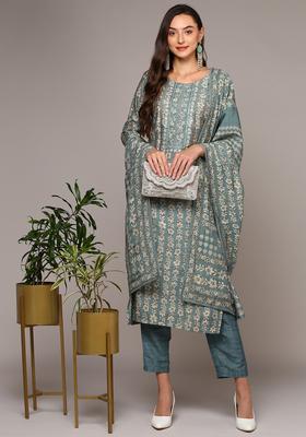 Grey Embroidery Silk Kurta Set