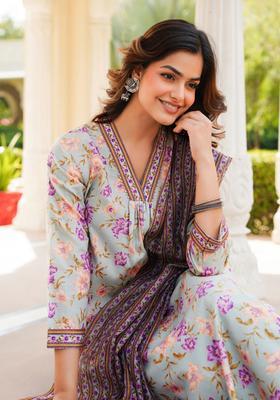 Green Floral Print Cotton Kurta Set