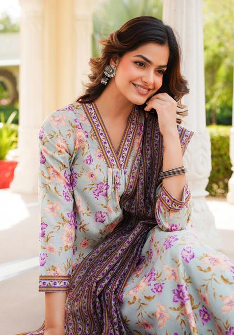 Green Floral Print Cotton Kurta Set — view on Indya