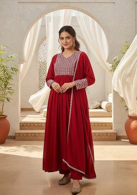 Red Embroidery Georgette Kurta Set