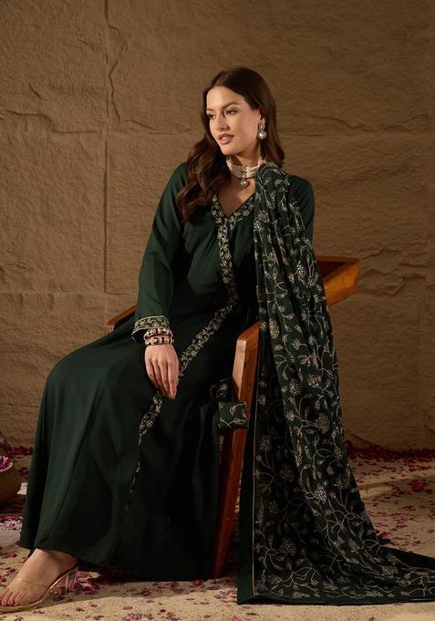 Green Solid Georgette Angarkha Set — view on Indya