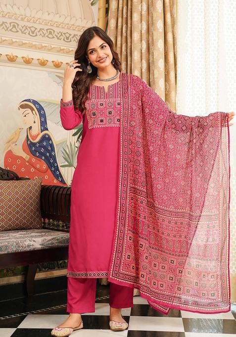 Pink Printed Rayon Kurta Set — view on Indya