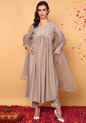 Beige Embroidery Silk Kurta Set