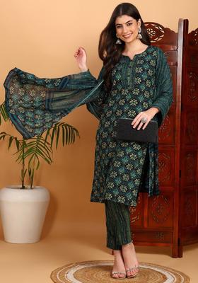 Green Printed Rayon Kurta Set