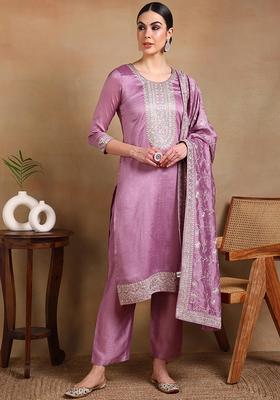 Lavender Embroidery Silk Kurta Set