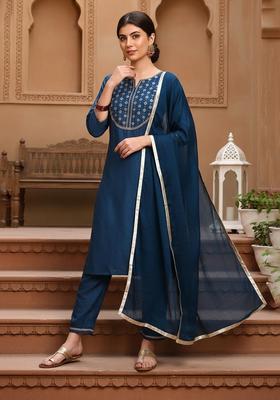 Teal Blue Embroidery Silk Kurta Set
