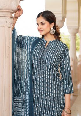 Teal Striped Rayon Kurta Set